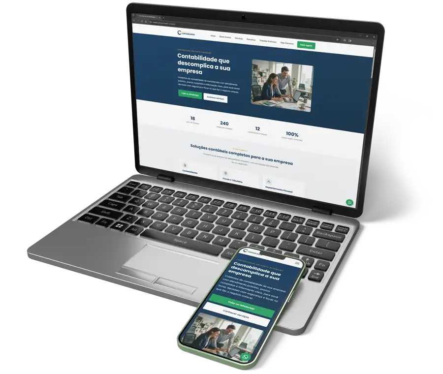 Site do escritório contábil exibido em notebook e celular